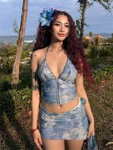 BXOXO Sexy 2 Piece Set Women Art Print Halter v-Neck Backless Sleeveless Tops+Short Tassel Bottoms Beach Party Matching Suits